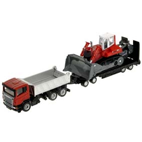 Caminhão Scania caçamba plataforma baixa e Trator Escavadeira Liebherr PR764 Siku 1854